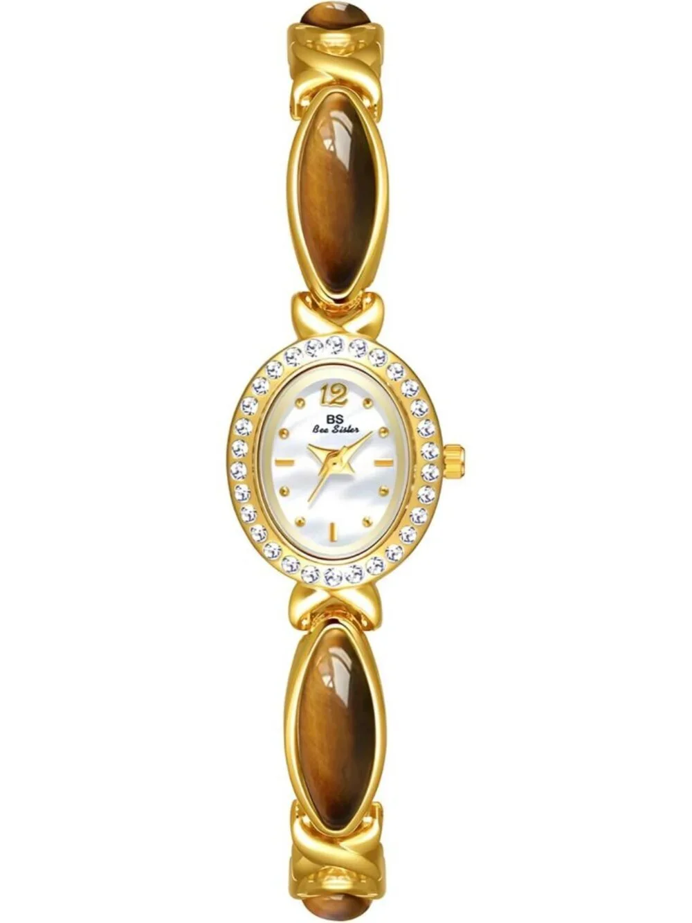 Women's Diamond Brown Analog Quartz Oval Dainty Vintage Bracelet Luxury Watch